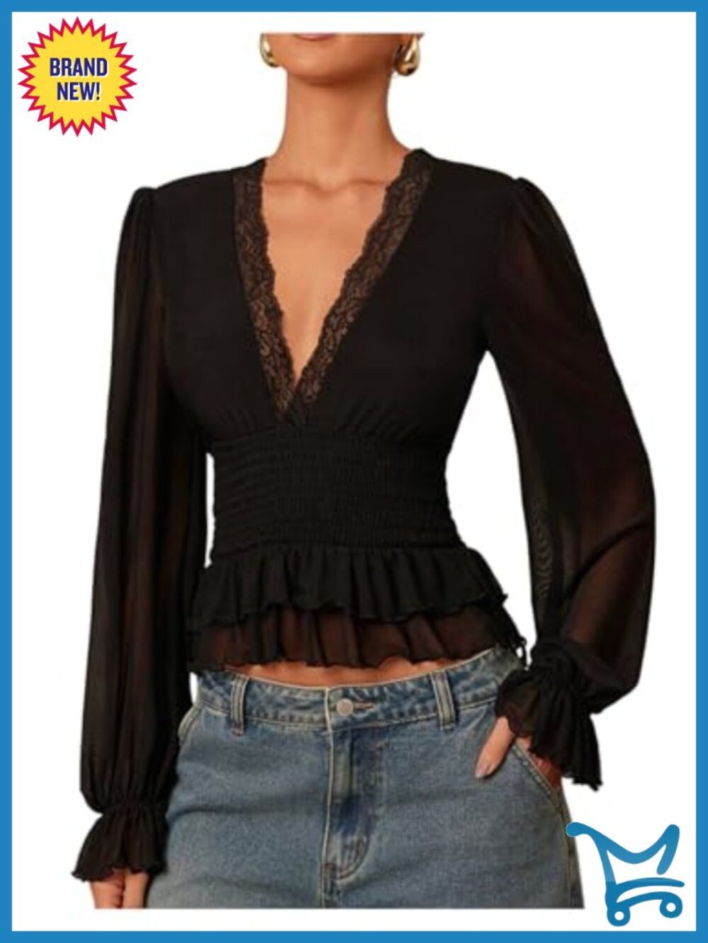 Women's Lace Long Sleeve Peplum Blouse Cinched Waist V-Neck Ruffle Hem Top